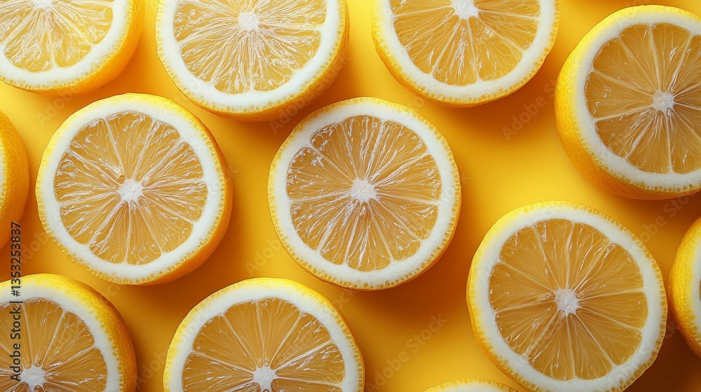 Citrus Burst: Overhead view of cut lemons against a bright yellow backdrop, radiating freshness and zesty appeal. Capture the vibrancy of nature's sunshine Citrus Burst: Overhead view of cut lemons against a bright yellow backdrop, radiating freshness and zesty appeal. Capture the vibrancy of nature's sunshine