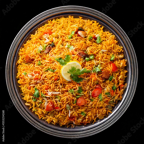 A large plate of biryani rice isolated on a black background