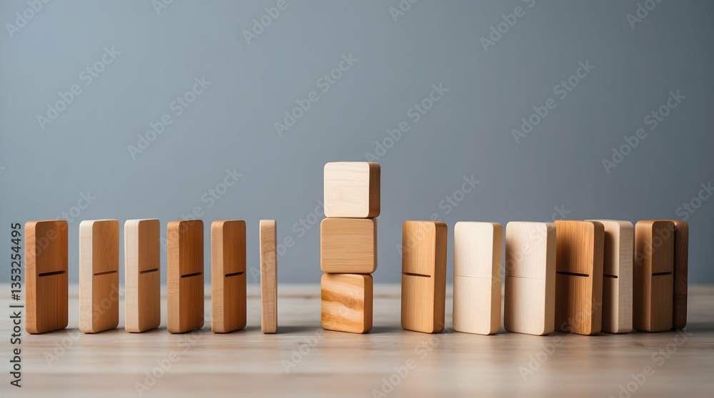 Stacked Wooden Blocks Stand Out Against a Row of Dominoes Stacked Wooden Blocks Stand Out Against a Row of Dominoes