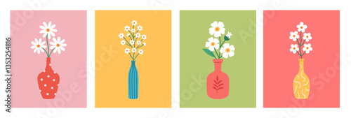 Spring and summer minimalist postcards with flowers in vases