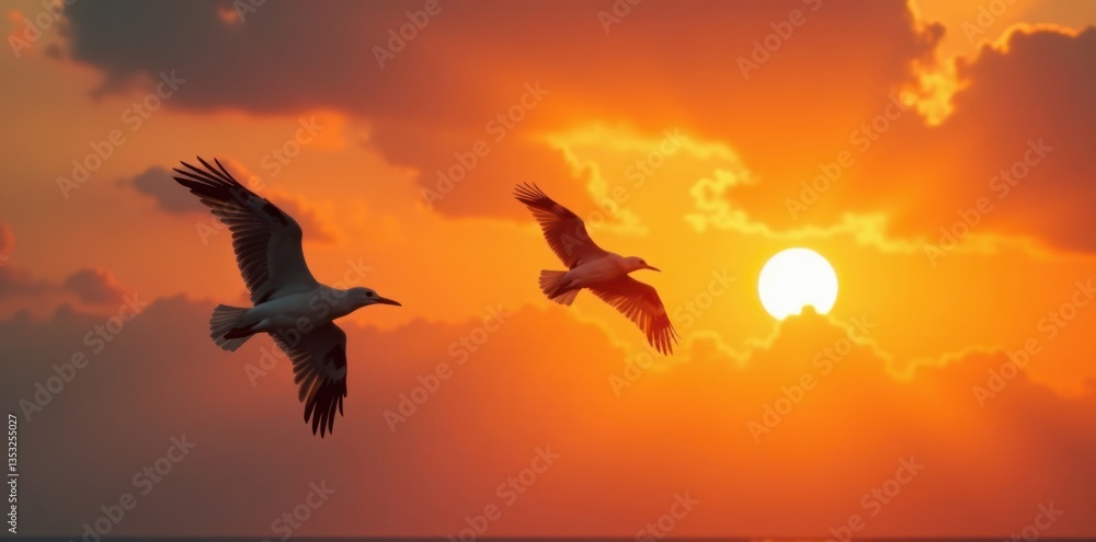 Fototapeta premium Feathered friends in flight against bright orange sunset, oranges, feathers