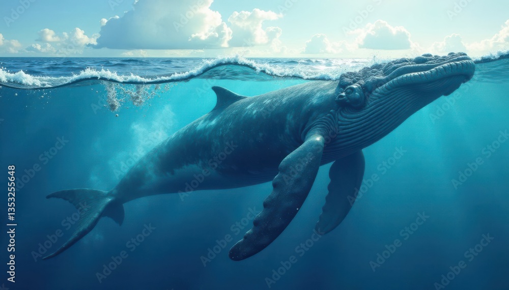 Naklejka premium Giant whale silhouette in ocean waves, silhouette, blue