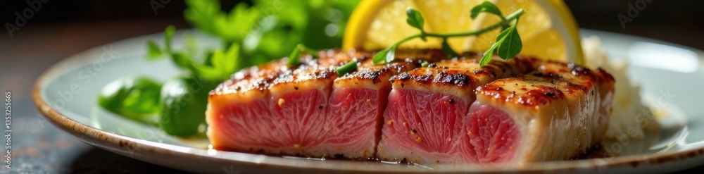 Grilled tuna steak with lemon, meat, grill Grilled tuna steak with lemon, meat, grill