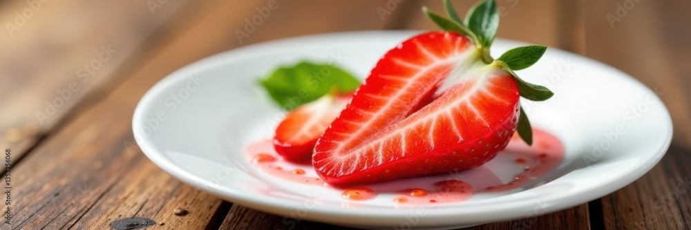 Juicy strawberry slice on white plate, fruit, plate Juicy strawberry slice on white plate, fruit, plate