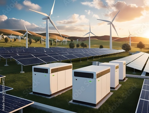 Renewable energy system with solar panels, wind turbines, and battery storage in a scenic landscape. Sustainable power generation with modern clean energy technology for a greener future

