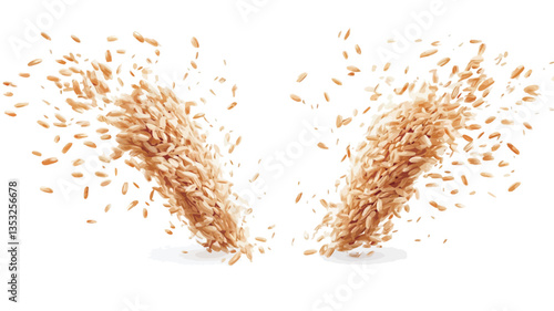 The image shows two streams of wheat grains and stalks exploding outwards from a central point against a pure white background.  The grains are golden-brown in color, exhibiting variations in tone