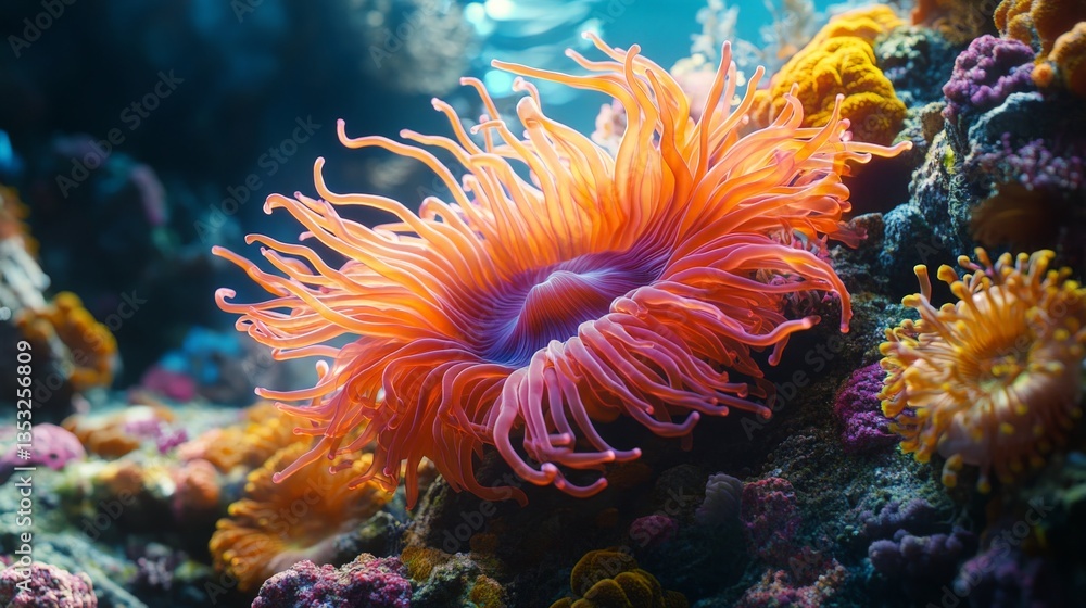 A photorealistic sea anemone with long flowing tentacles, colorful coral reef environment in the background A photorealistic sea anemone with long flowing tentacles, colorful coral reef environment in the background