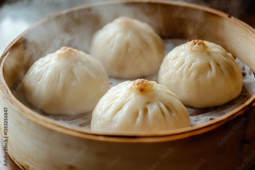 Steaming bamboo basket filled with four fluffy delicious dumplings Steaming bamboo basket filled with four fluffy delicious dumplings