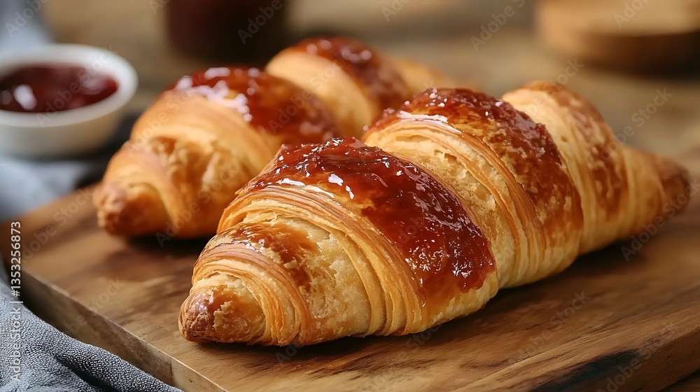 Croissants with Jam on Wooden Board. Croissants with Jam on Wooden Board.