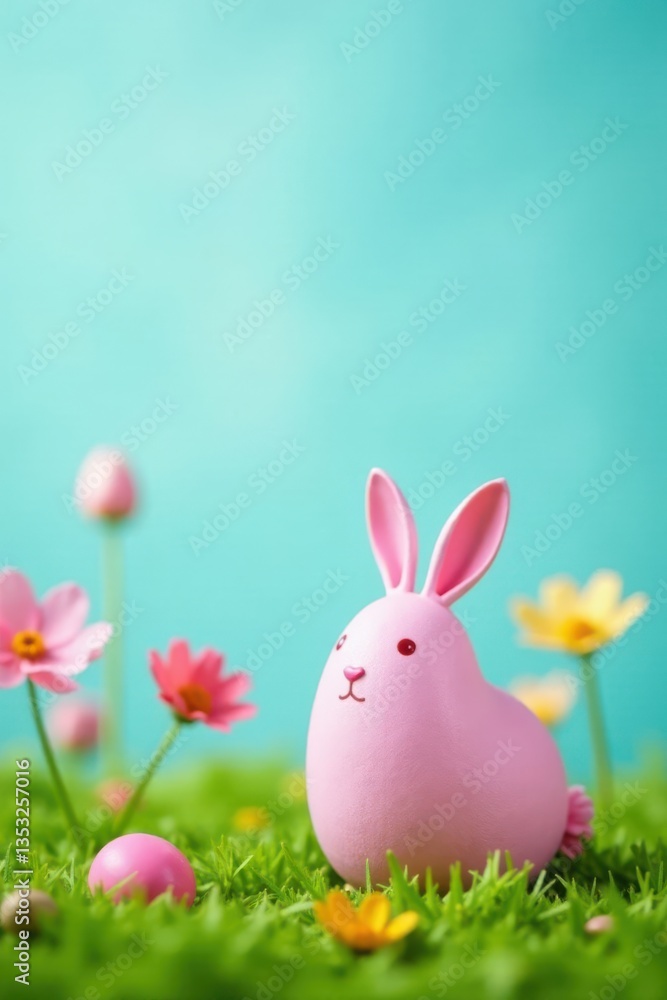 Obraz premium Pastel Easter egg with cut-out rabbit, colorful flowers, and green grass , pastel colors,
