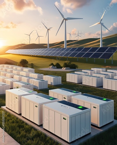 Renewable energy system with solar panels, wind turbines, and battery storage in a scenic landscape. Sustainable power generation with modern clean energy technology for a greener future

