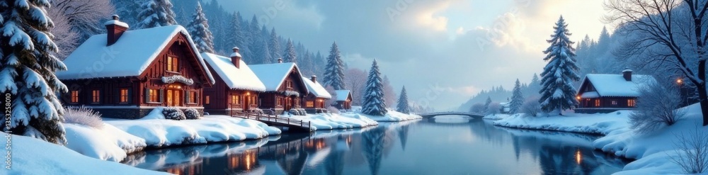 Fototapeta premium Snowy village scene with festive buildings and icy pond, house, christmas, snowy