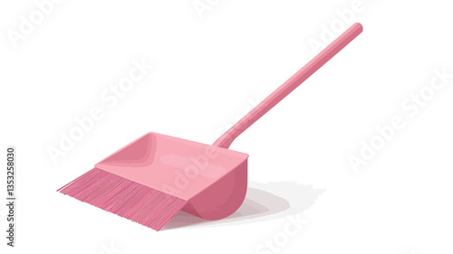 A studio shot against a white background shows a pink plastic dustpan and brush set. The dustpan is angled slightly, and the brush is nestled within. The overall appearance is clean and simple, with