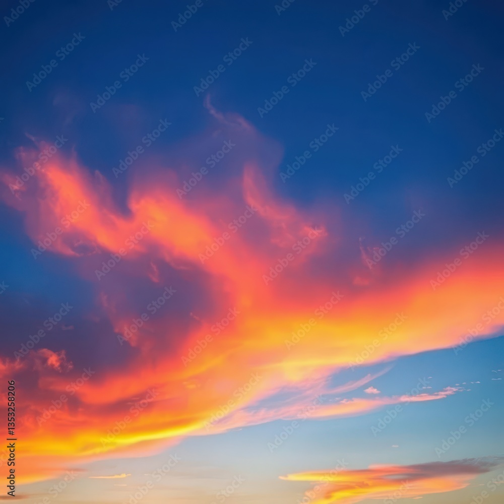 Fototapeta premium Vibrant sky transitioning from deep blue to fiery orange sunset hues, photo, stock, landscape