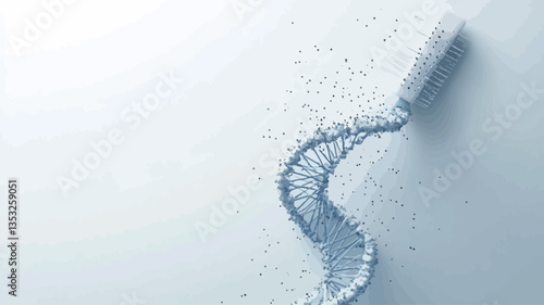 A 3D rendering of a DNA double helix molecule.  The helix is depicted in shades of pale blue and is shown against a white background with small, light-blue particles seemingly emanating from the