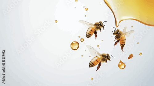 Close-up image of three honeybees in flight near a stream of golden honey against a white background.  The honey is depicted as flowing downwards, with small droplets visible. The image has a