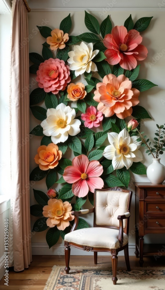 Fototapeta premium Vintage-inspired artificial flower wall in a classic room, vintage style, artificial flowers