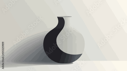 The image shows a close-up shot of a modern, abstract ceramic vase.  The vase is predominantly white and black, with a curved, asymmetrical design that divides it into two distinct halves.  The