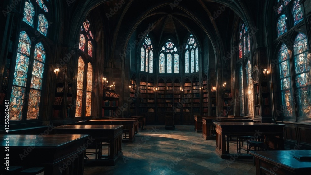 Fototapeta premium Majestic library interior with stained glass windows and rows of wooden desks