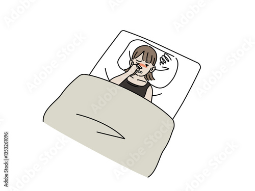 鼻詰まりで眠れず困る若い女性のイラスト