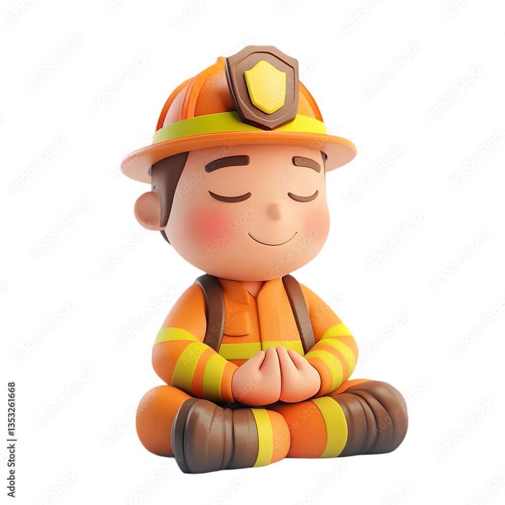 Calm Firefighter Cartoon Character In Meditation Pose Calm Firefighter Cartoon Character In Meditation Pose