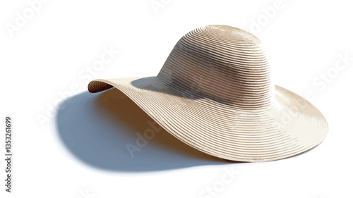 Close-up studio shot of a beige, wide-brimmed hat against a white background. The hat is made of a soft, possibly felt-like material.  The brim is wide and curves gently downward. The hat casts a