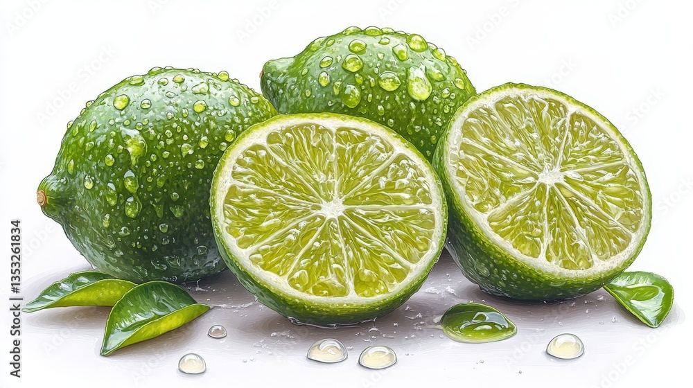Sliced lime with juice droplets, white background, high detail Sliced lime with juice droplets, white background, high detail