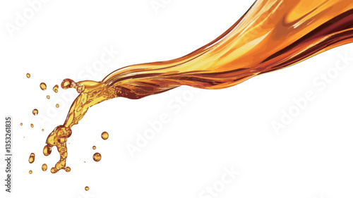 Close-up image of an amber-colored liquid splashing against a pure white background. The liquid is depicted in motion, creating a dynamic and flowing form with visible ripples, droplets, and a sense