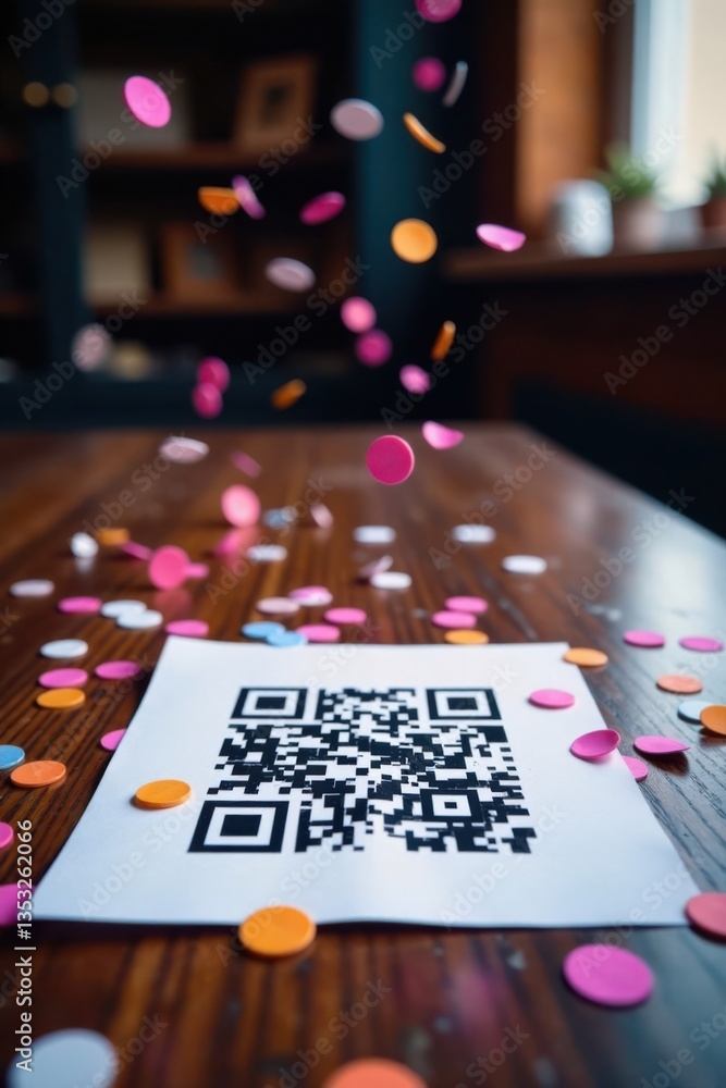 Confetti falling on a table with a qr code in the center , new year, confetti Confetti falling on a table with a qr code in the center , new year, confetti