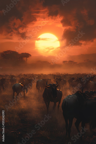 Wallpaper Mural Majestic Wildebeest Migration at Sunset: A Stunning Display of Nature's Raw Power and Beauty in the African Savannah Torontodigital.ca