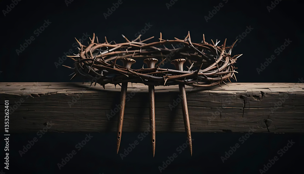 Fototapeta premium Crown of Thorns with Nails on Wooden Beam Still Life