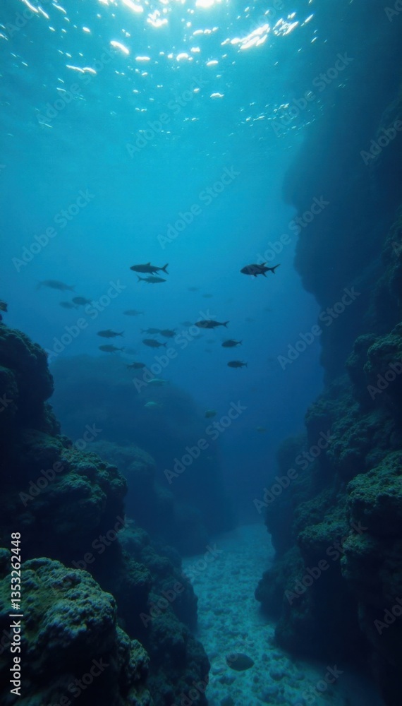 Dark blue ocean surface reflected in a school of fish swimming beneath, ocean, water, blue Dark blue ocean surface reflected in a school of fish swimming beneath, ocean, water, blue