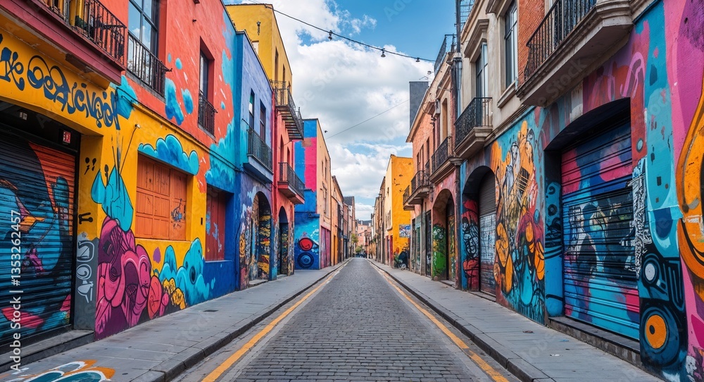 Fototapeta premium Lively street with colorful murals and artistic graffiti on building walls