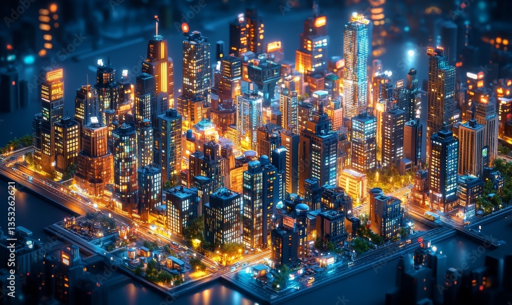 Isometric city skyline at night with illuminated buildings, streets, and cars, showcasing vibrant urban life, 3D illustration Isometric city skyline at night with illuminated buildings, streets, and cars, showcasing vibrant urban life, 3D illustration