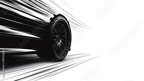 The image is a monochrome close-up shot of a car in motion.  The car is predominantly black, with only a portion of the vehicle visible, focusing on the wheel and a section of the body.  The