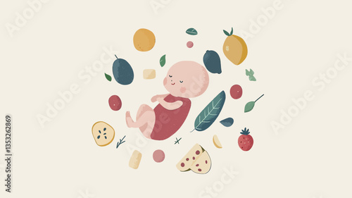 Digital illustration of a stylized baby in a fetal position, surrounded by a variety of colorful fruits and vegetables. The baby is depicted in a muted red onesie. The fruits and vegetables are