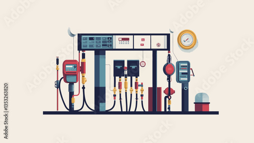 A simplified vector illustration depicting a gas station fuel pump system.  The image is rendered in a flat style with bold colors and clean lines.  The illustration shows a central fuel dispensing