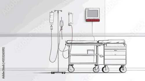 The image shows a minimalist depiction of medical equipment against a stark white wall.  The scene includes an IV stand with a bag, a medical monitor, and a stainless steel examination table with an