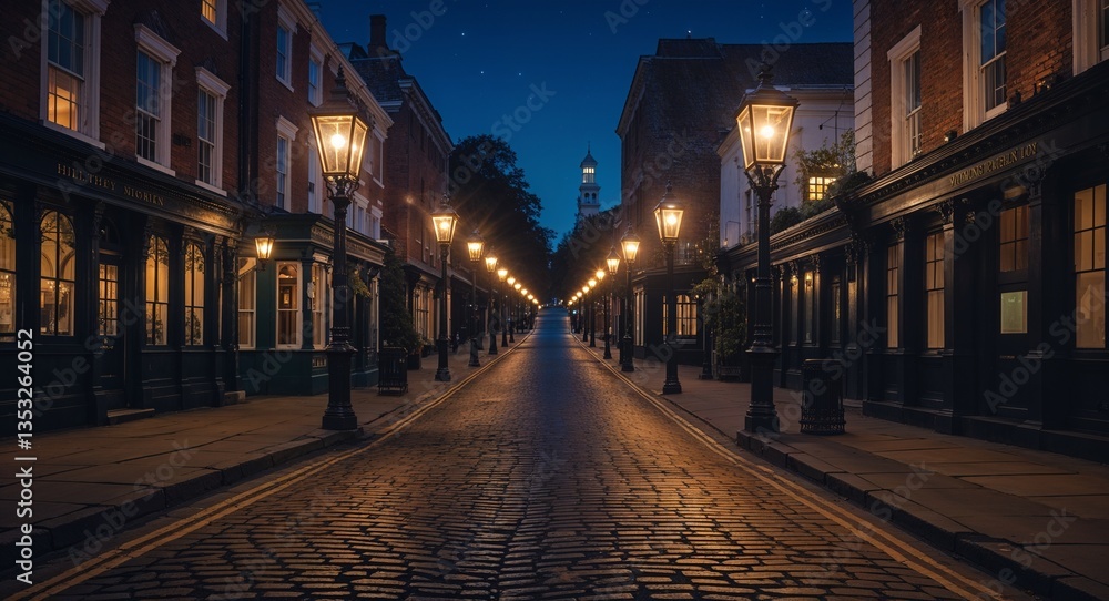 Fototapeta premium Moonlit Victorian street with gas lamps and cobblestone pavement
