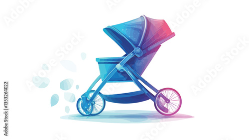A digital illustration of a modern baby stroller. The stroller is depicted in shades of blue and pink, with a gradient effect. It has a three-wheel design and a curved canopy. The stroller is set