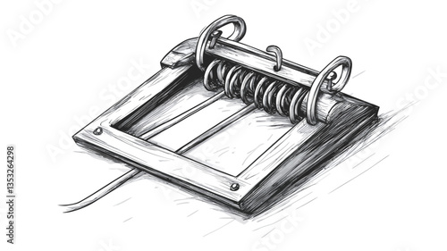 A grayscale illustration depicts a small, rectangular, wooden mechanical device.  The device features a visible spring mechanism and several small, looped metal components.  The illustration style