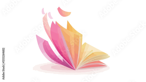The image depicts an abstract composition of various brightly colored paper shapes. These shapes appear to be in motion, creating a dynamic and flowing effect.  The colors are predominantly pastel