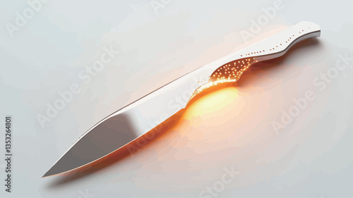 High-angle, close-up view of a single, modern knife with a sleek, minimalist design. The knife is positioned diagonally on a plain white background.  The blade is primarily silver or light gray with