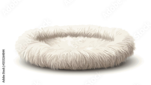A high-angle, full shot of a round pet bed. The bed is off-white or cream-colored and made of a fluffy, plush material. It appears soft and comfortable.  The bed is shown on a plain white background