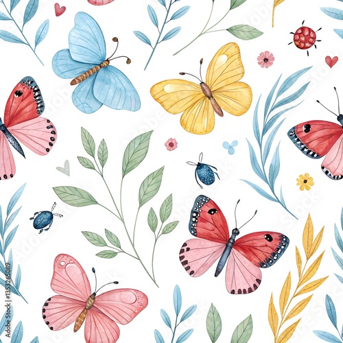 Wallpaper Mural Watercolor colorful butterflies, butterfly, bugs seamless pattern on white background. blue, yellow, pink and red butterfly spring illustration.
 Torontodigital.ca
