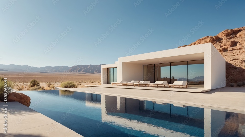 Fototapeta premium Desert Oasis: A Modern Villa with an Infinity Pool Reflecting the Arid Landscape