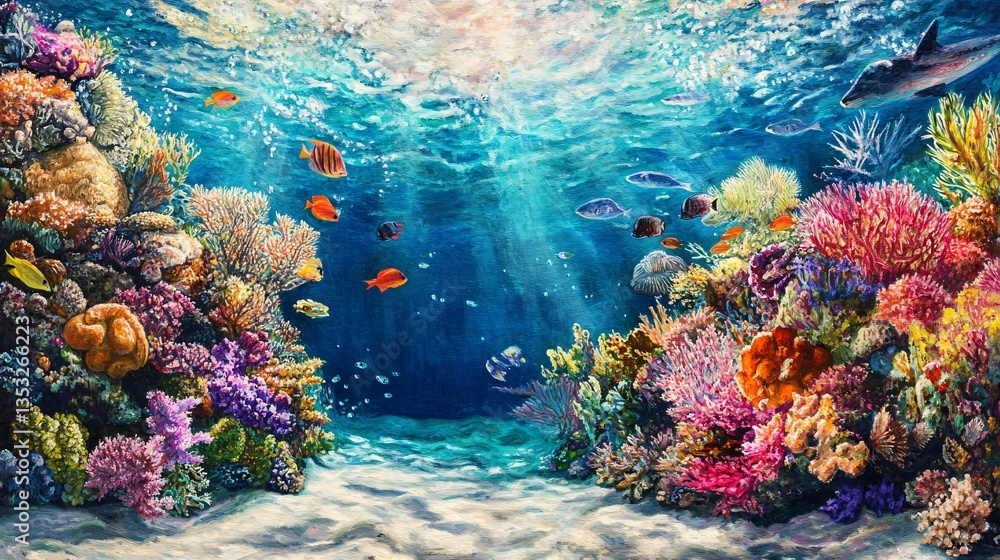 Naklejka premium Colorful coral reefs with vibrant fish and shimmering ocean water