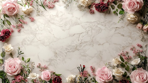 Floral frame on marble background.
