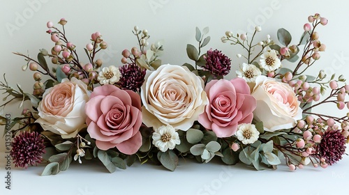 Elegant arrangement of blush pink and cream roses, eucalyptus, and berries.