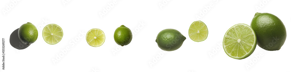 Fresh green limes whole and sliced revealing juicy interiors a flavorful citrus display Fresh green limes whole and sliced revealing juicy interiors a flavorful citrus display